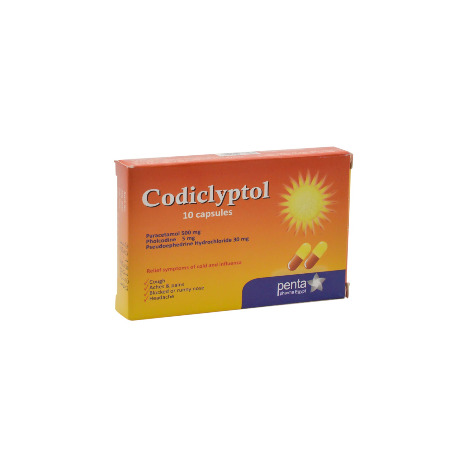كوديكليبتول ٥٠٠ ملغ باراسيتامول، ٥ ملغ فولكودين و٣٠ ملغ سودوإيفيدرين هيدروكلوريد لتخفيف نزلات البرد والإنفلونزا
