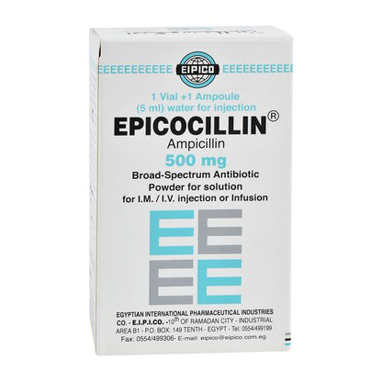 إيبكوسيلين ٥٠٠ مجم أمبيسيلين، مسحوق مضاد حيوي واسع الطيف، قارورة وأمبولة للحقن العضلي والوريدي