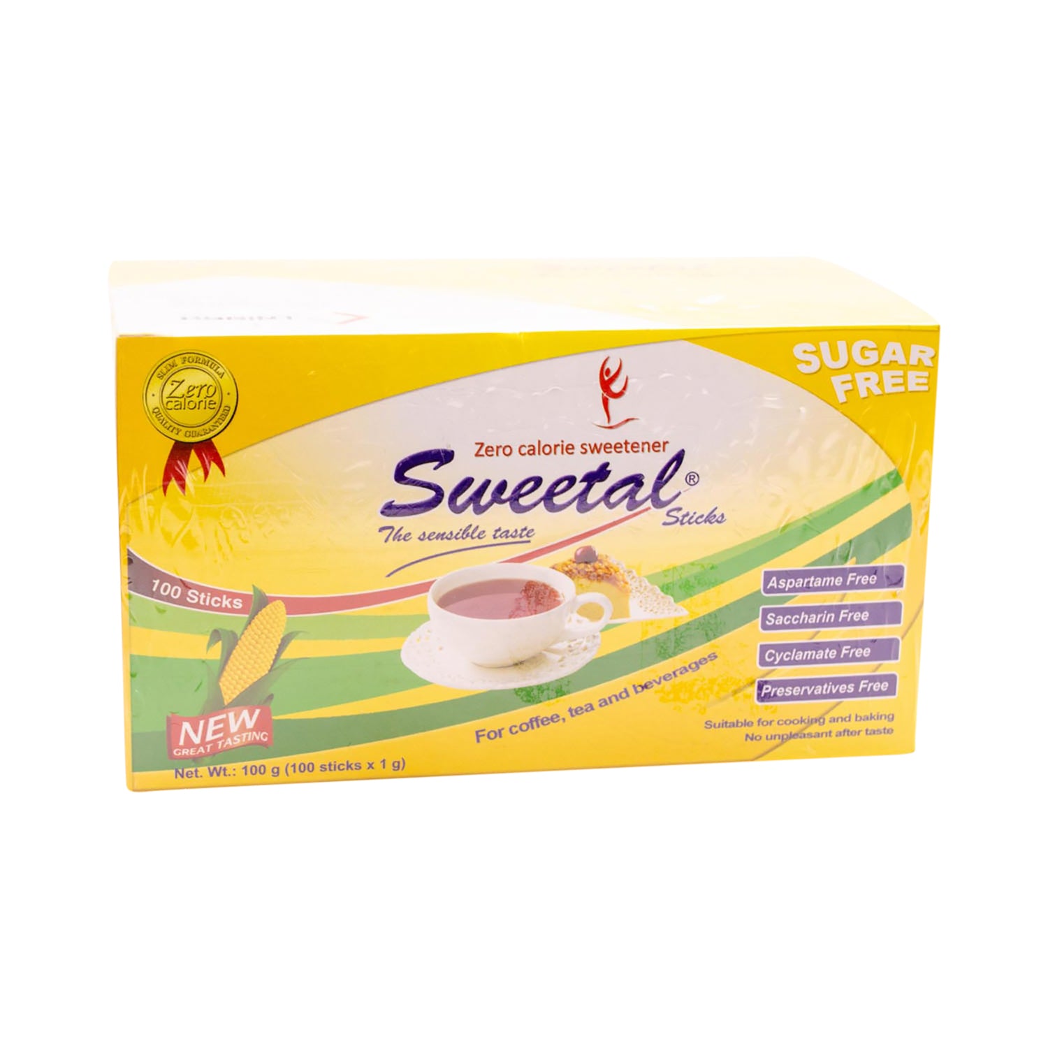 Sweetal Zero Calorie Sweetener (100 Sticks) - sugar free, aspartame free, saccharin free, cyclamate free, preservatives free