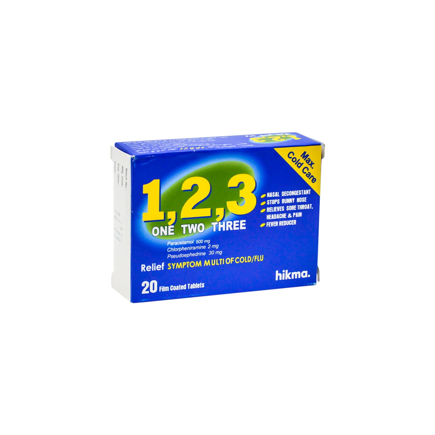 1،2،3 500 ملغ باراسيتامول، 2 ملغ كلورفينيرامين و30 ملغ سودوإيفيدرين دواء لتخفيف أعراض البرد والإنفلونزا