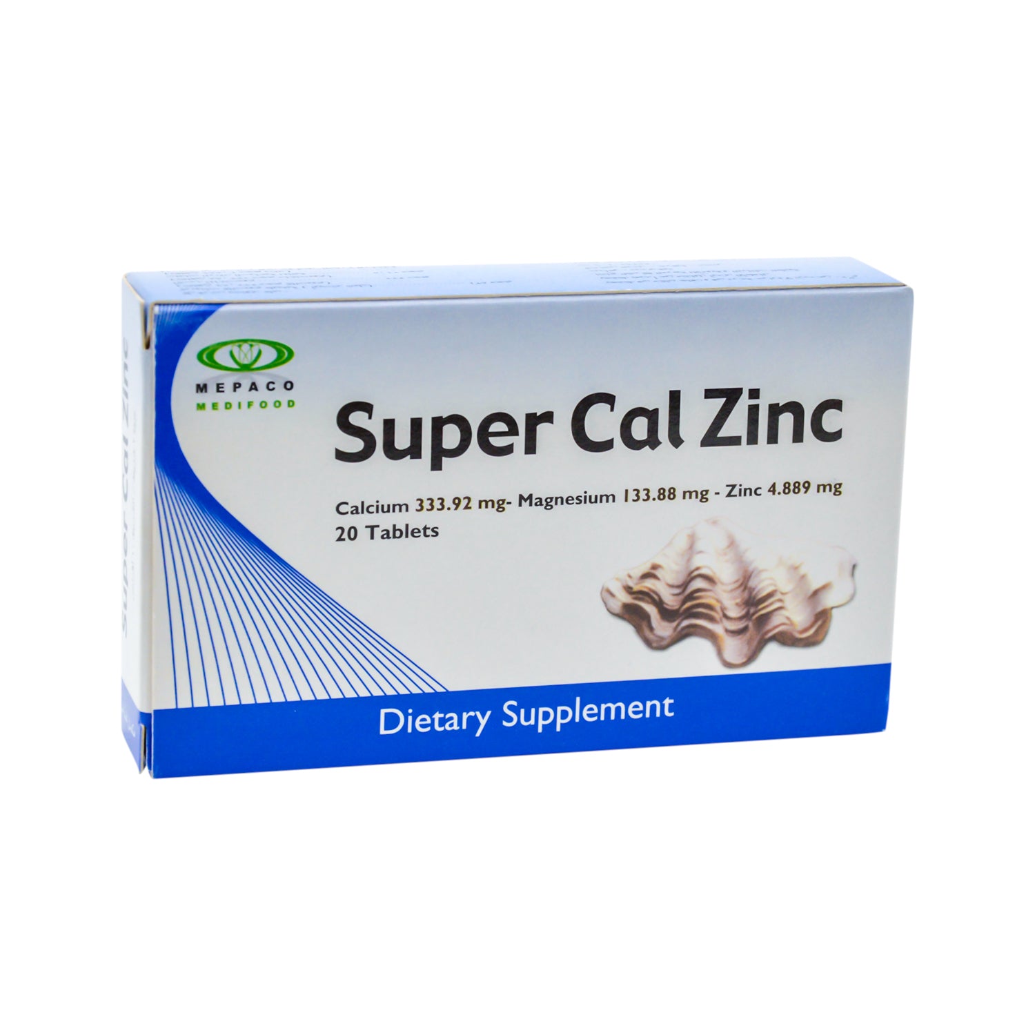 مكمل غذائي سوبر كال زنك يحتوي على 333.92 ملغ كالسيوم و4.889 ملغ زنك مع المغنيسيوم