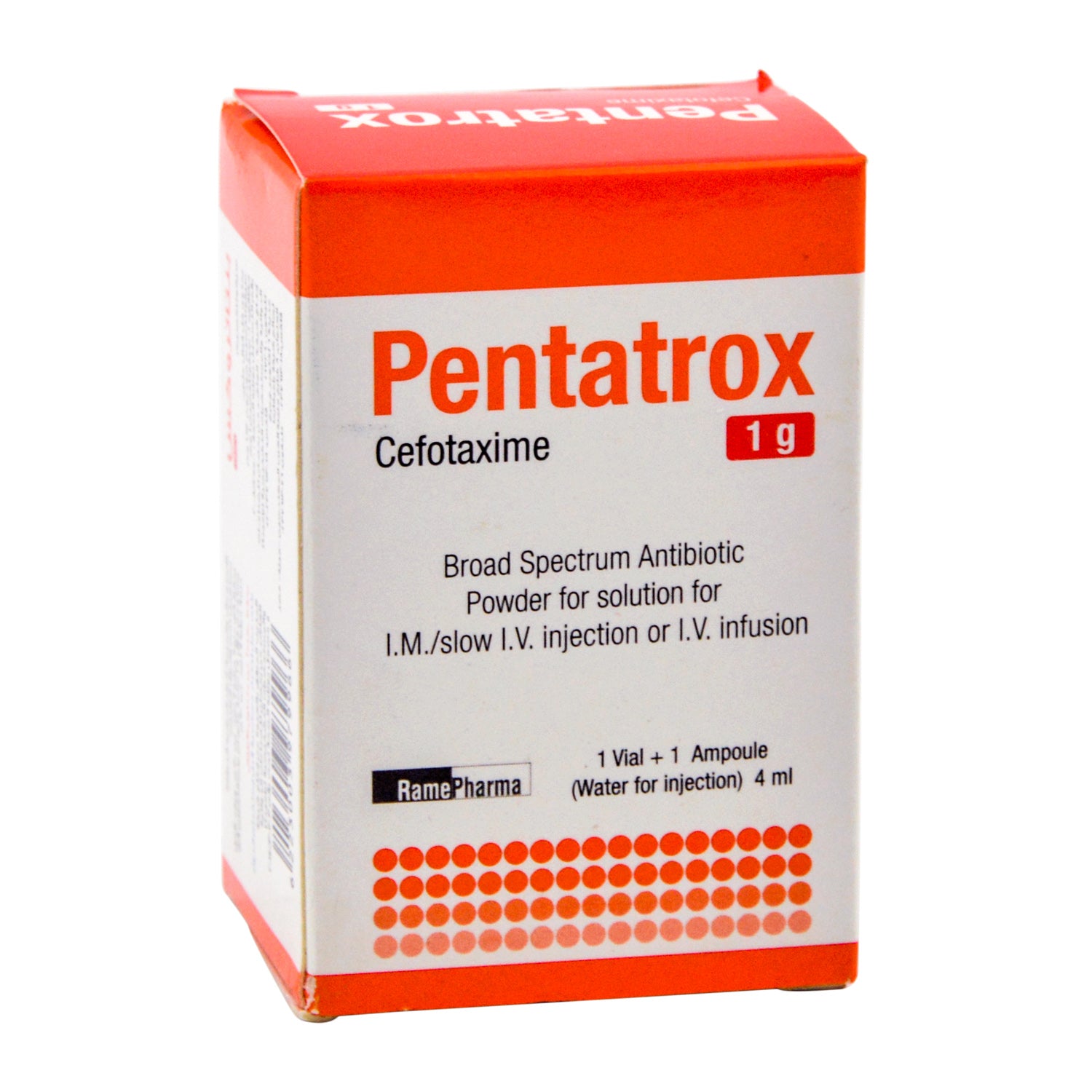 Pentatrox 1g Cefotaxime Broad Spectrum Antibiotic Powder Solution Vial with Water Solvent for Intramuscular & Intravenous Injection