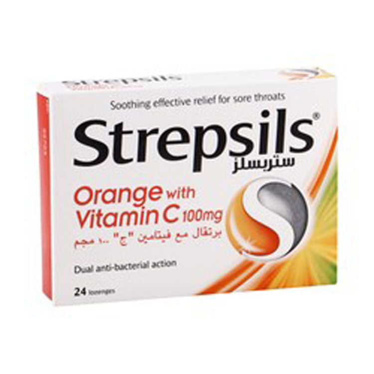 أقراص ستربسلز المضادة للبكتيريا بنكهة البرتقال مع فيتامين سي لعلاج التهاب الحلق