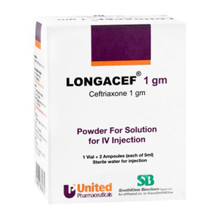 Longacef 1g Ceftriaxone Powder Vial with Solvent Ampoule for Intravenous Injection 1 pack