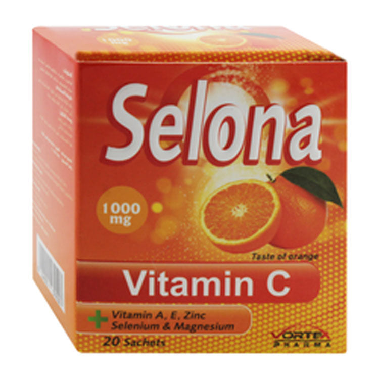 Selona 1000mg Vitamin C Supplement Sachets Orange Flavor with Vitamin A, E, Zinc, Selenium & Magnesium