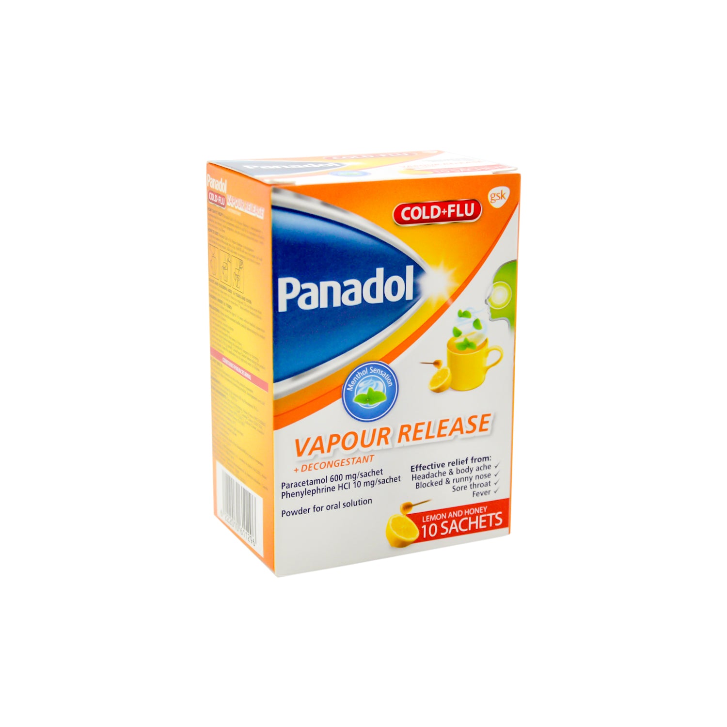 Panadol Cold Plus Flu Vapour Release 600mg Paracetamol Sachets Hot Lemon & Honey Flavor with Menthol