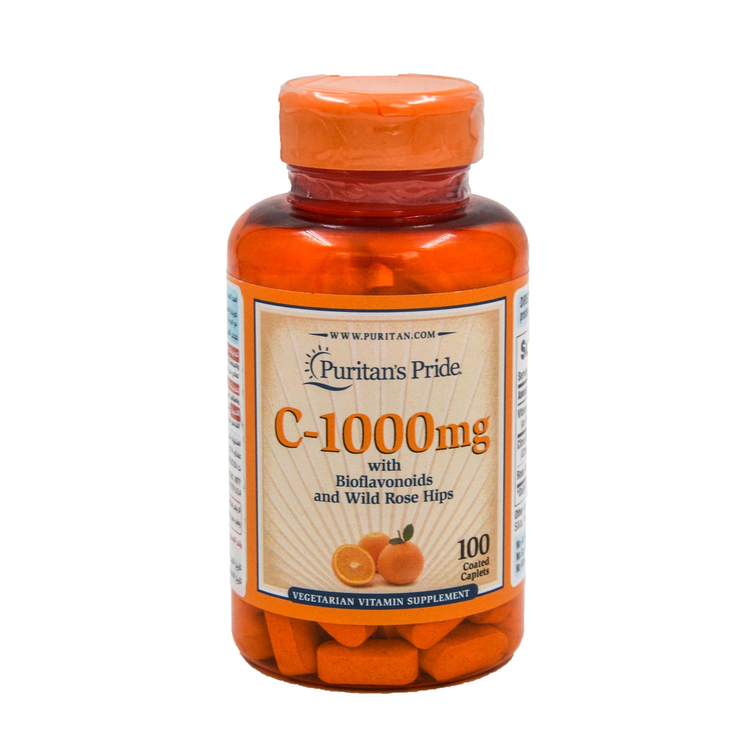 مكمل غذائي من فيتامين سي من بيوريتانز برايد، بتركيز 1000 ملغ، بنكهة الحمضيات، مع بيوفلافونويدات ومستخلص ثمر الورد البري - خالٍ من الألوان والنكهات والمحليات الصناعية
