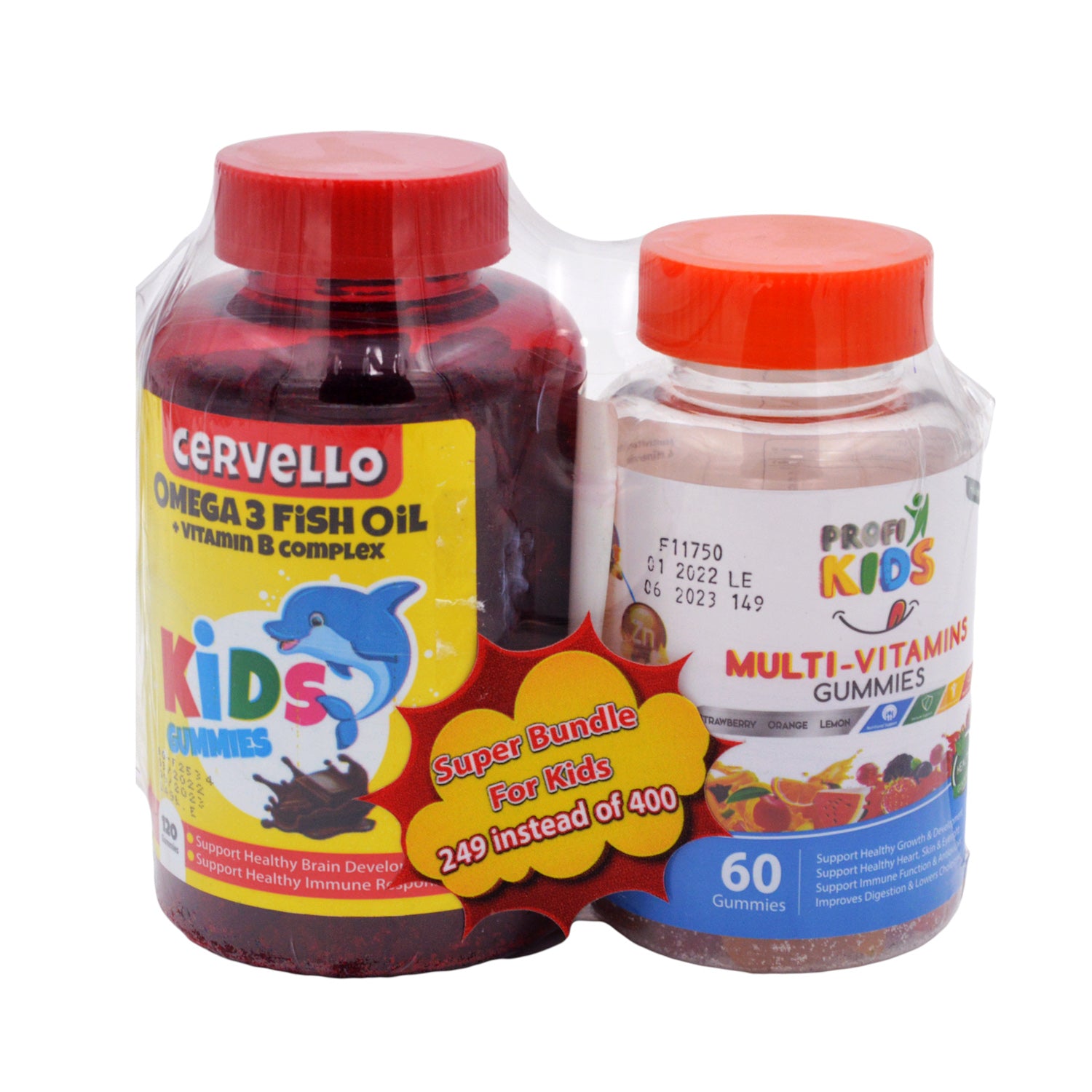 Cervello Omega 3 Fish Oil Brain & Immune Support (120 Gummies) & Profi Kids Multivitamin Gummy Supplements for Growth, Heart & Digestion (60 Gummies) (1+1 Free) - aspartame free, gelatin free, artificial colors free