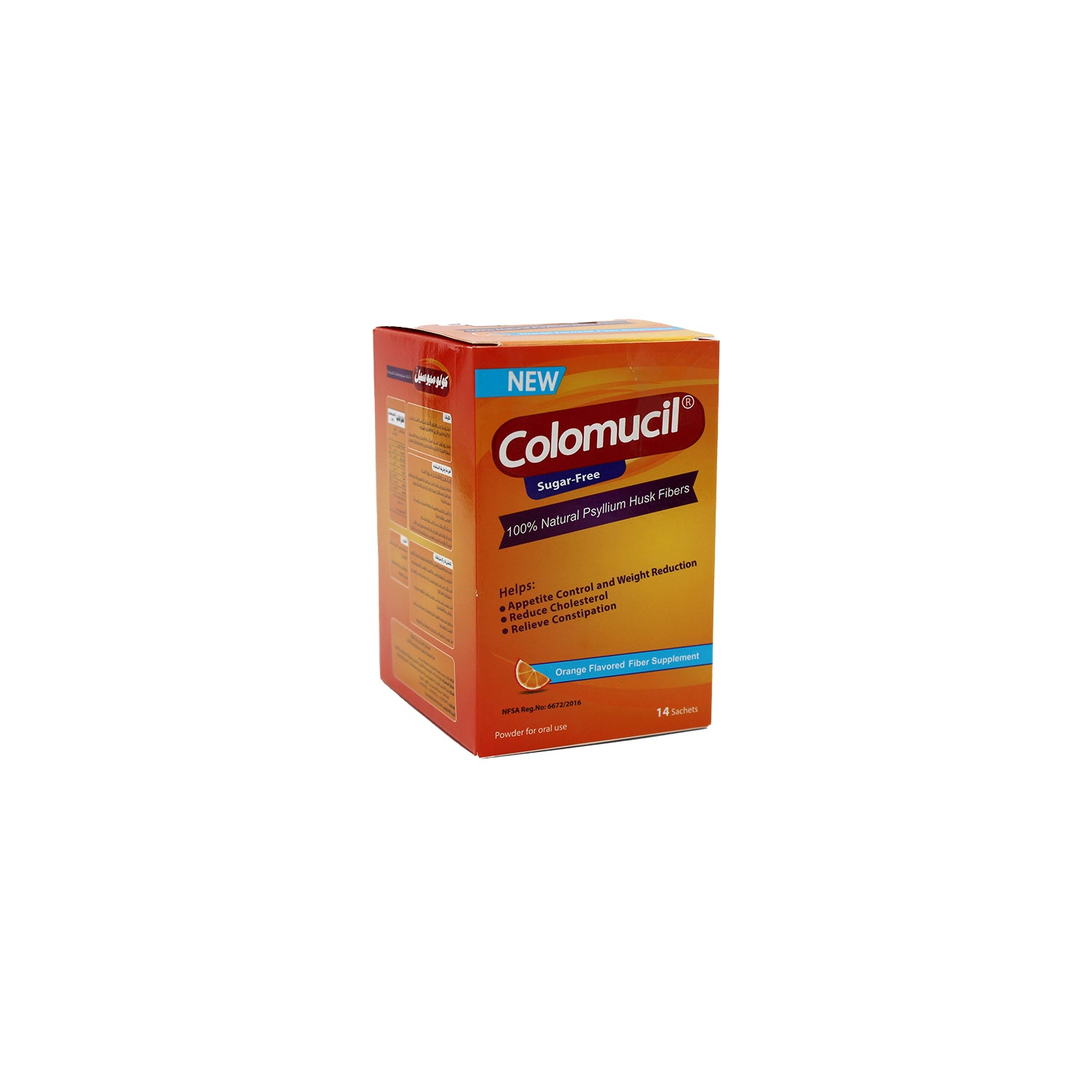 Colomucil Natural Psyllium Husk Fiber Supplement Sachets Orange Flavor for Weight, Cholesterol & Constipation - sugar free
