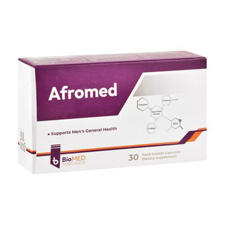 مكمل غذائي لدعم الصحة العامة للرجال من أفروميد، يحتوي على 500 ملغ من مستخلص جذور الماكا، مع مستخلصات جذور الجنسنغ، وثمار التريبولوس، وأوراق الجنكة.