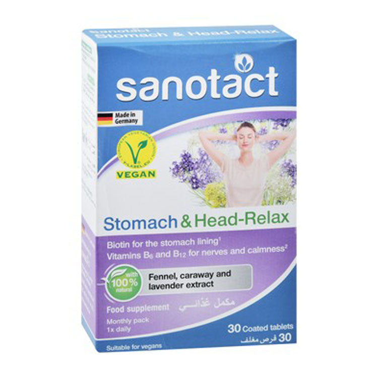 Sanotact Stomach & Head Relax 50mcg Biotin, 1.4mg Vitamin B6 & 2.5mcg Vitamin B12 Supplement with Fennel, Caraway & Lavender Extracts for Nerves, Calmness & Stomach Lining Health - vegetarian