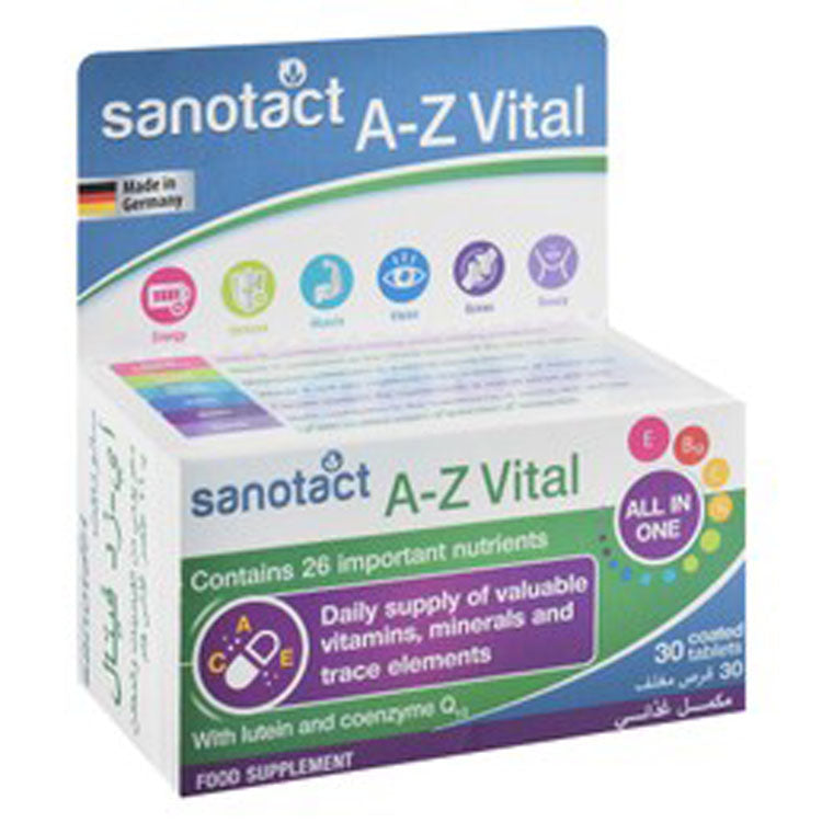 Sanotact A-Z Vital All in One Vitamin & Mineral Supplement with Lutein & CoQ10 for Energy, Immunity & Bones Health - no added sugar, gluten free, lactose free