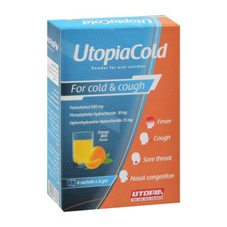 يوتوبيا كولد 650 ملغ باراسيتامول محلول فموي بنكهة البرتقال والنعناع مع فينيليفرين وديفينهيدرامين هيدروكلوريد لتخفيف الحمى والسعال والتهاب الحلق