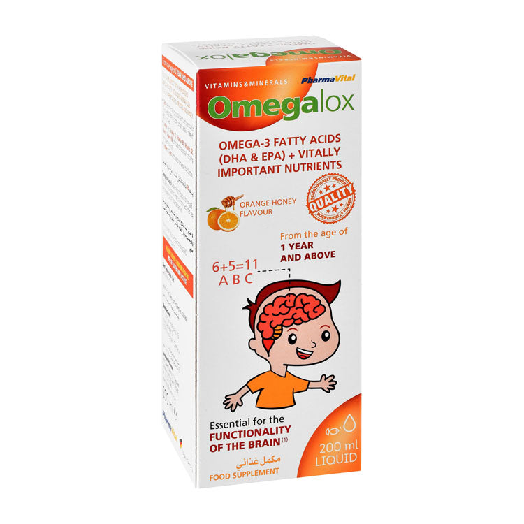 فارمافيتال أوميغالوكس 305 ملغ مكمل سائل لدعم الدماغ أوميغا 3 بنكهة البرتقال والعسل للأطفال (سنة فأكثر) - خالٍ من الغلوتين، خالٍ من اللاكتوز