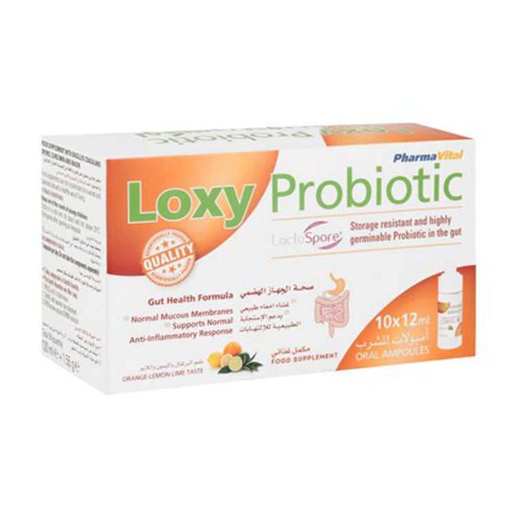 Pharmavital Loxy Probiotic Gut Health Support Supplement Ampoules Orange, Lemon & Lime Flavor - gluten free, lactose free 10 x 12 ml