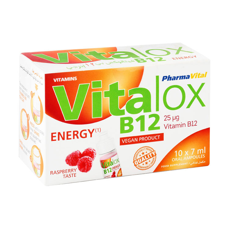Vitalox 25 ميكروجرام فيتامين ب 12 منشط طاقة سائل - أمبولات بنكهة التوت، نباتي، خالي من الجلوتين
