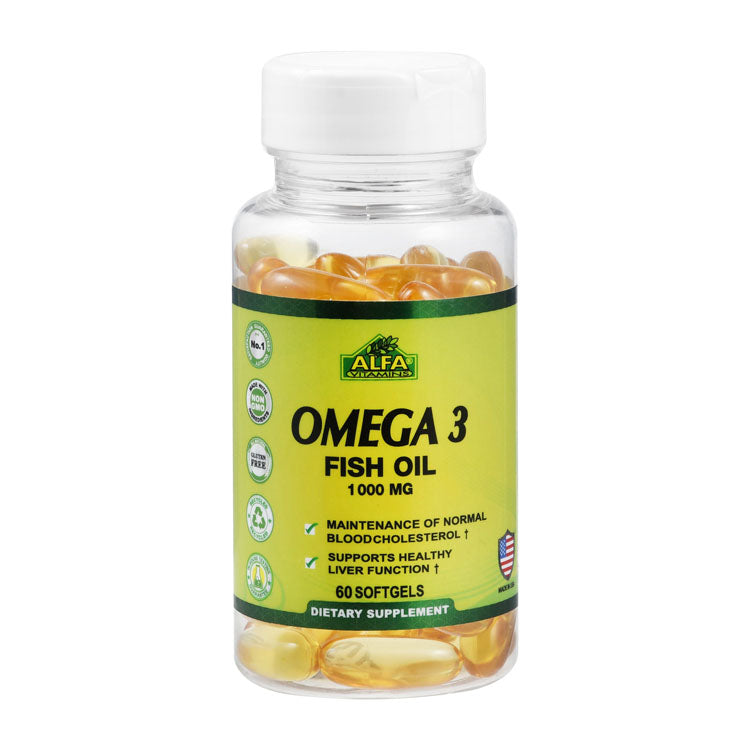 Alfa Vitamins Omega 3 1000mg Fish Oil Blood Cholesterol & Liver Function Support Supplement - GMO free, gluten free