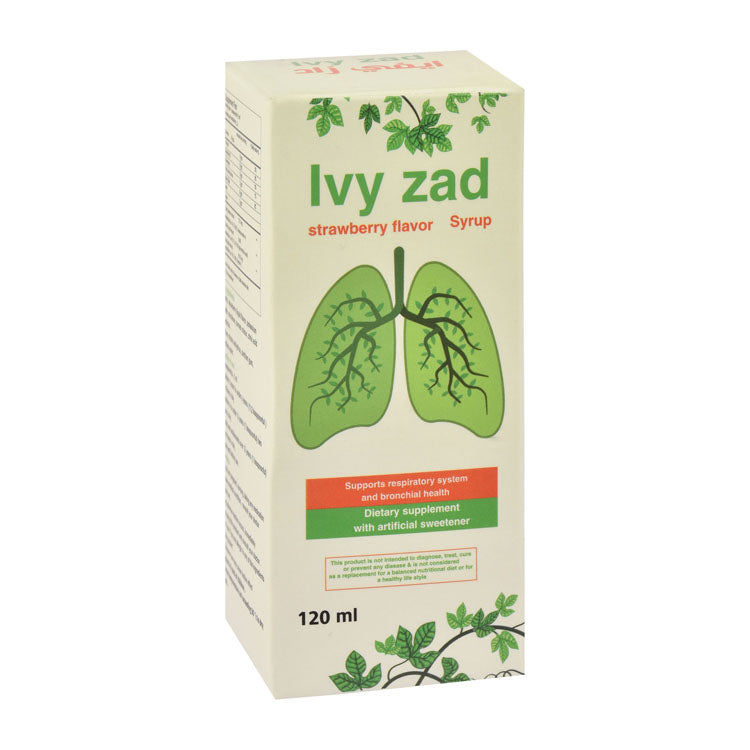 Ivy Zad 17.5mg/5ml شراب مكمل غذائي بخلاصة أوراق اللبلاب بنكهة الفراولة لدعم صحة القصبات الهوائية والجهاز التنفسي