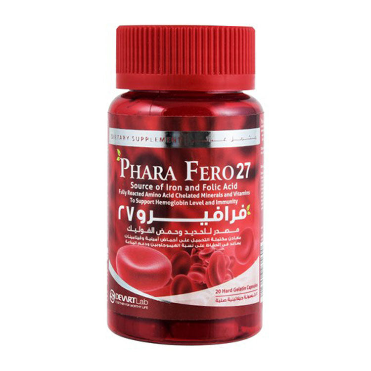 فارا فيرو ٢٧ ملغ حديد و ١١ ملغ زنك، مكمل غذائي لدعم مستوى الهيموجلوبين الطبيعي والمناعة، مع معادن وفيتامينات مخلّبة بالأحماض الأمينية