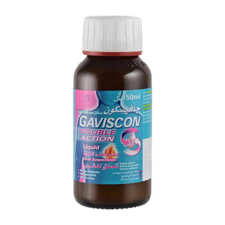 جافيسكون ثنائي المفعول، ٥٠٠ ملجم/١٠ مل من ألجينات الصوديوم، ٢١٣ ملجم/١٠ مل من بيكربونات الصوديوم، و٣٢٥ ملجم/١٠ مل من كربونات الكالسيوم، معلق فموي بنكهة النعناع لتخفيف حرقة المعدة وعسر الهضم (١٢ سنة فأكثر) - خالٍ من السكر والغلوتين