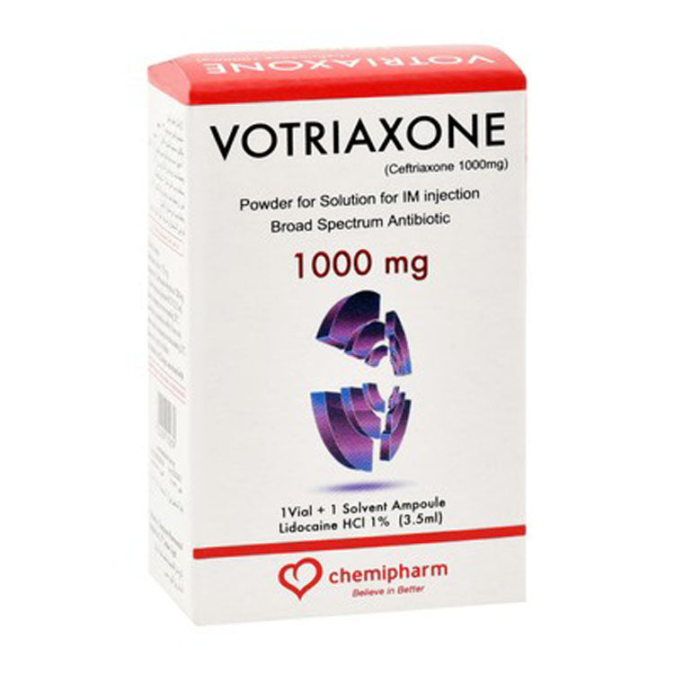 Votriaxone 1000mg Ceftriaxone Broad Spectrum Antibiotic Powder Vial with Lidocaine HCL Solvent Ampoule for Intramuscular Injection 1 pack