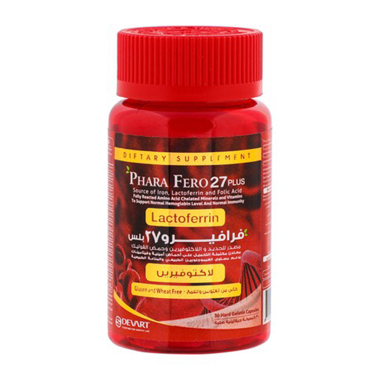 Phara Fero 27 Plus 100mg Lactoferrin Supplement with Iron & Folic Acid for Normal Hemoglobin & Immunity - gluten free 30 capsules