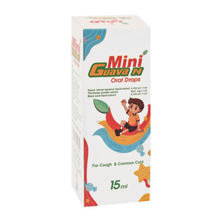 قطرات ميني جوافة إن الفموية مع أوراق الجوافة ومسحوق زهرة الزيزفون ومستخلص حبة البركة السائل لعلاج السعال ونزلات البرد