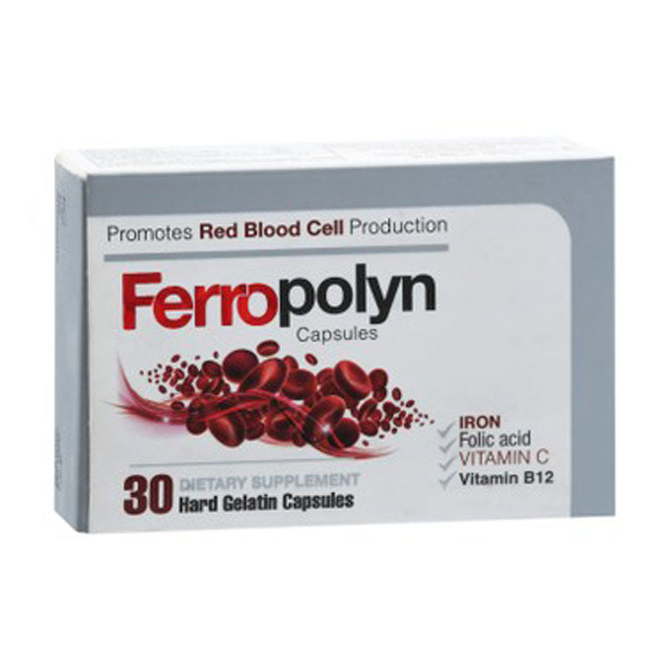 Ferropolyn 28mg Iron Supplement with Folic Acid, Vitamin C & B12 30 capsules