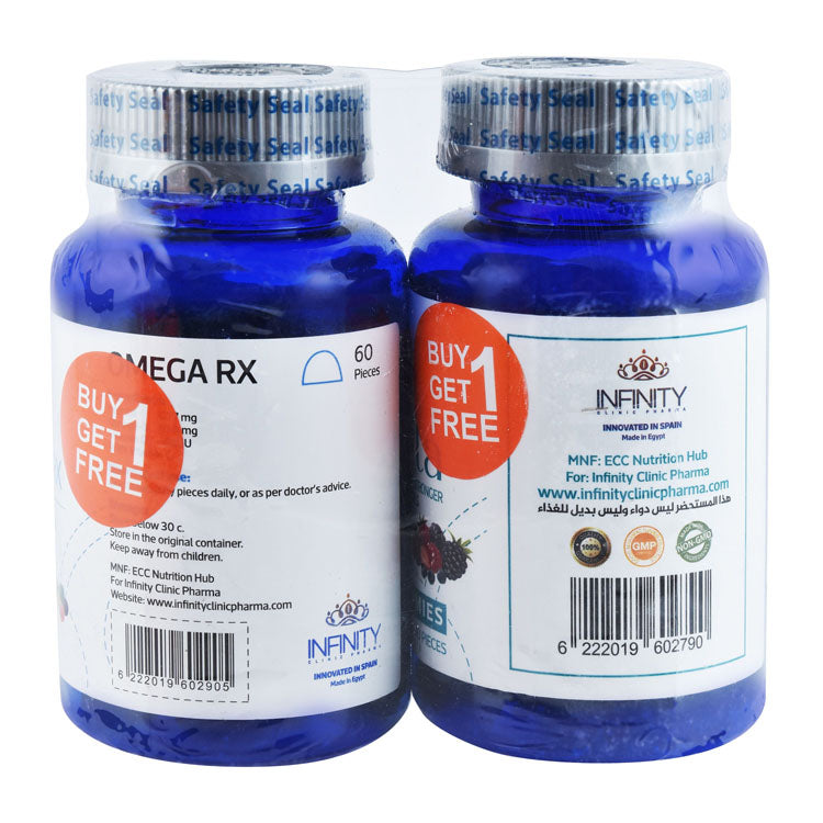 Infinity Biovita Multivitamin Gummy Supplement Mixed Berries Flavor with Biotin & Antioxidants for Hair, Skin & Nails (60 Pieces) & Omega RX 1277mg Fish Oil Gummy Supplements Natural Fruity Flavor with Omega 3 DHA & EPA (60 Pieces) (1+1 Free)