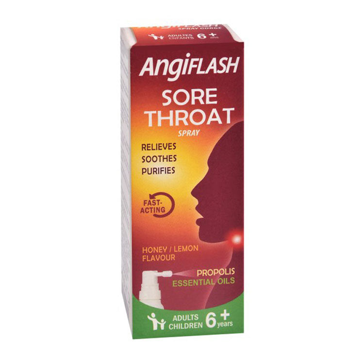 Angiflash Relieving, Soothing & Purifying Sore Throat Spray Honey & Lemon Flavor with Propolis & Essential Oils for Adults & Children (6+ Years)