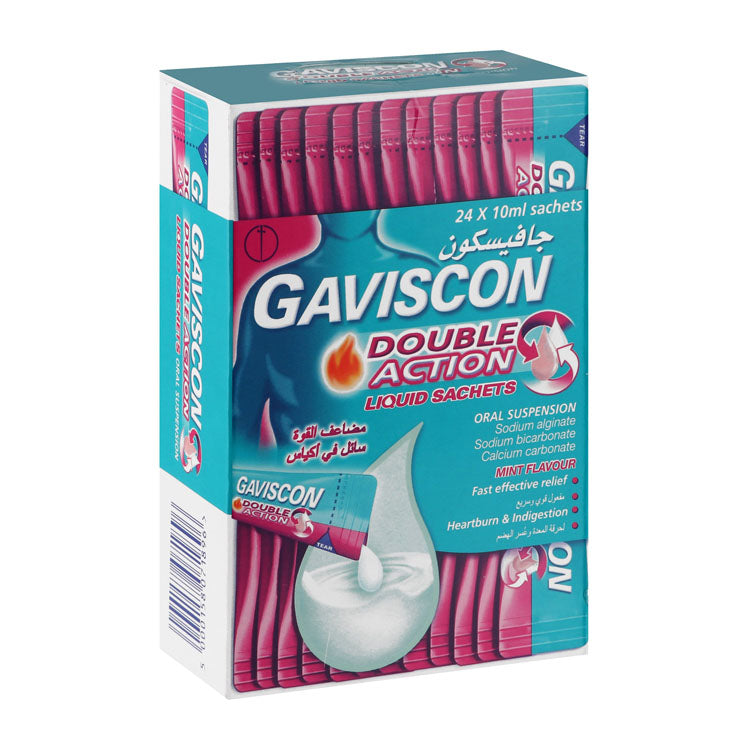 جافيسكون دبل أكشن أكياس سائلة بنكهة النعناع مع ألجينات الصوديوم، وبيكربونات الصوديوم، وكربونات الكالسيوم لتخفيف حرقة المعدة وعسر الهضم