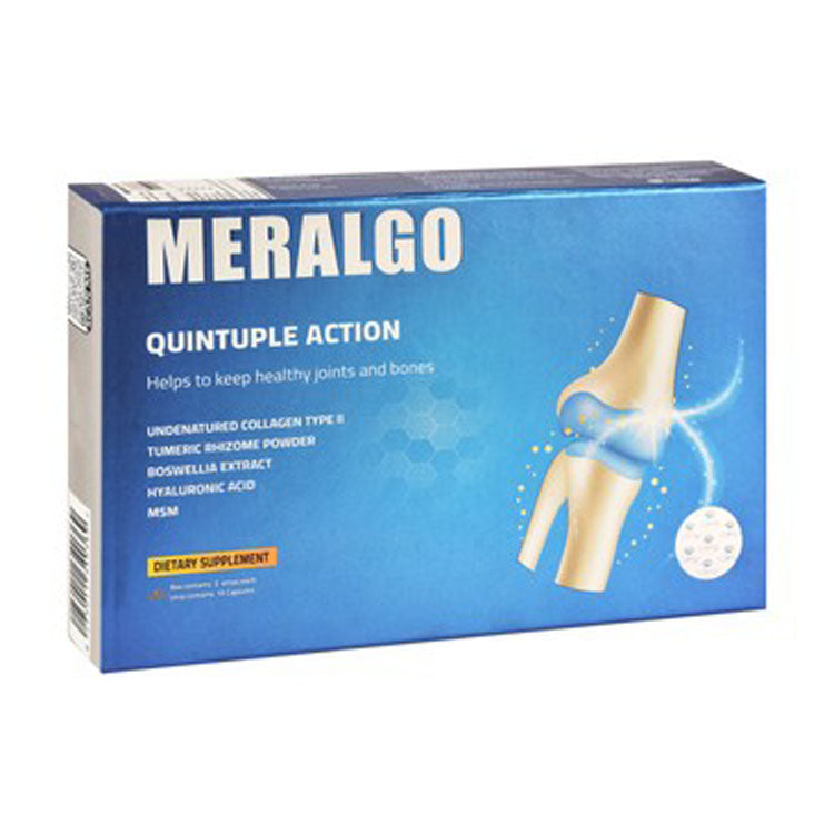 Meralgo Quintuple Action Undenatured Collagen Type II Joint & Bone Support Supplement with Boswellia Extract, Hyaluronic Acid & MSM
