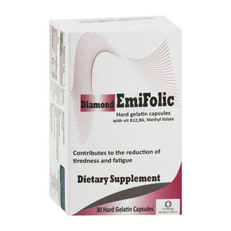 Diamond Emifolic 25mg Vitamin B6 Tiredness & Fatigue Reduction Support Supplement with Vitamin B12 & Methyl Folate 30 capsules