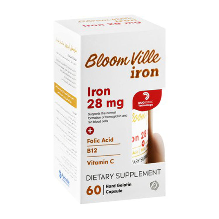 Bloom Ville 28mg Iron Hemoglobin & Red Blood Cell Formation Support Supplement with Folic Acid, Vitamin B12 & C 60 capsules
