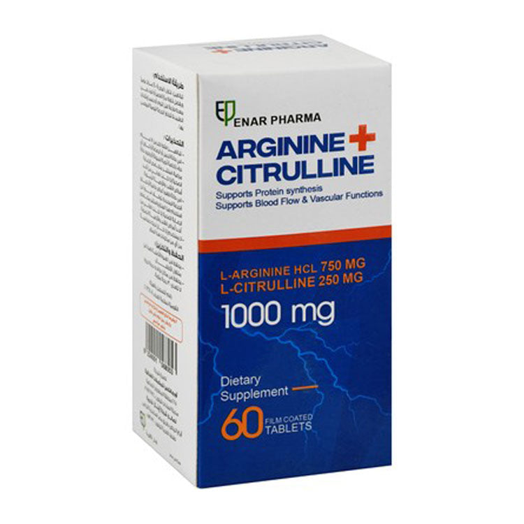 Enar Pharma 750mg L-Arginine & 250mg L-Citrulline Supplement for Protein Synthesis, Blood Flow & Vascular Function Health