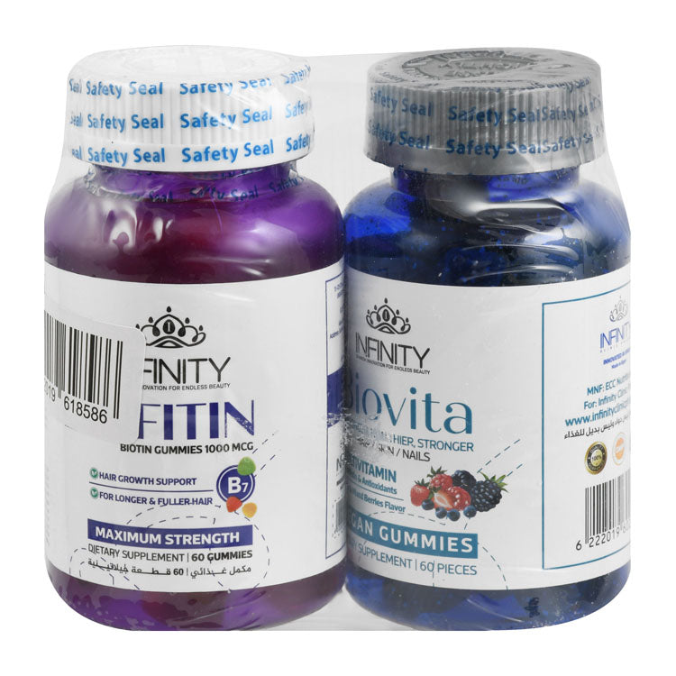 Infinity Infitin 1000mcg Biotin Hair Growth Support Gummy Supplement with Vitamin B7 (60 Pieces) & Biovita Hair, Skin & Nails Multivitamin Gummy Supplement Mixed Berry Flavor with Biotin & Antioxidants (60 Pieces)