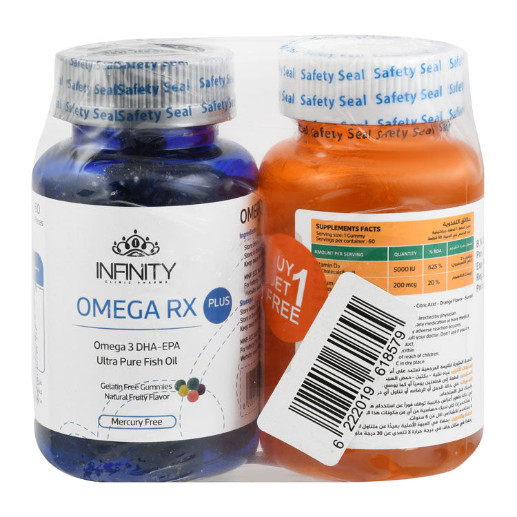 مكمل إنفينيتي أوميغا آر إكس بلس الغذائي بنكهة الفاكهة مع أوميغا 3 دي إتش إيه و إي بي إيه (60 قطعة) مع فيتامين د3 فالدال 5000 وحدة دولية المجاني لدعم المناعة والأسنان والعظام (60 قطعة)