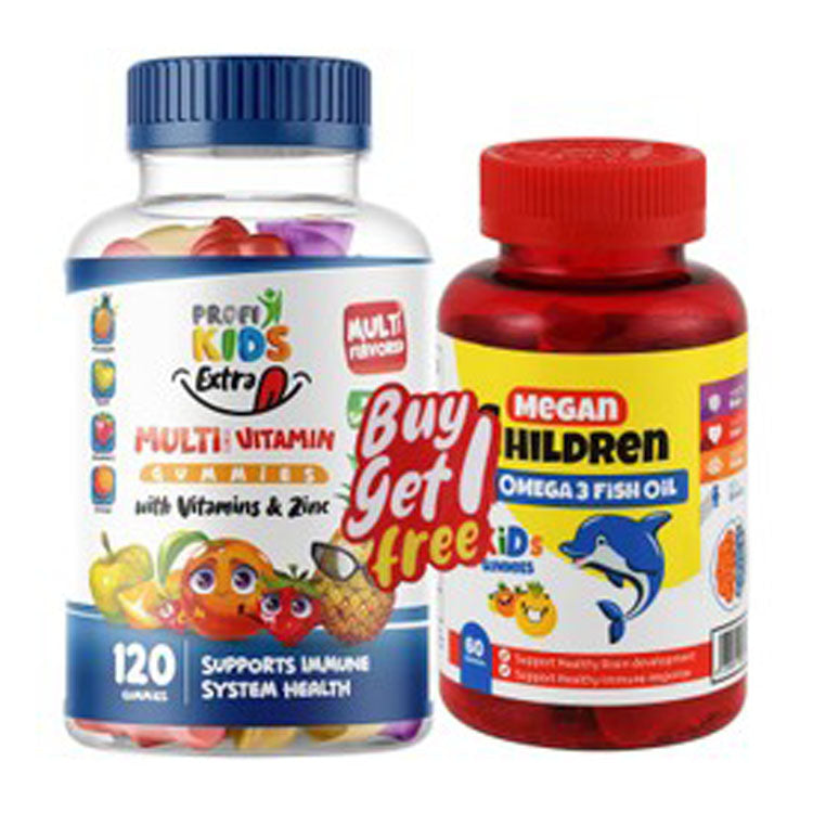 Profi Kids Extra Multivitamin Immune System Health Support Gummy Supplements Fruit Flavor with Zinc (120 Gummies) & Megan Children 227mg Omega Fish Oil Gummy Supplements Fruit Flavor for Brain, Vision & Heart Health (60 Gummies) (1+1 Free)