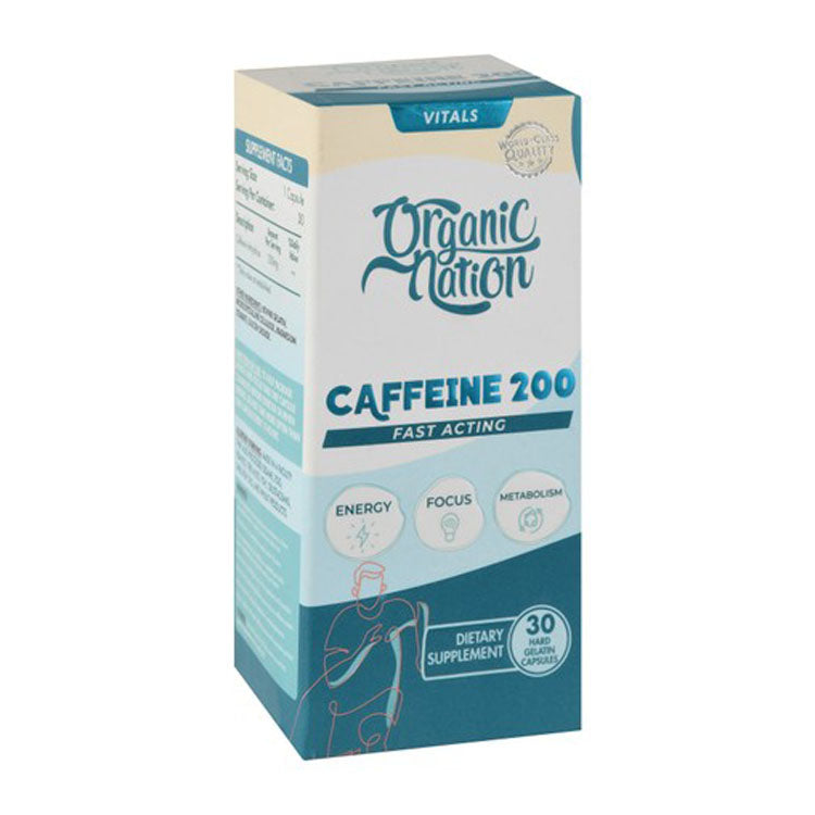 مكمل غذائي من أورجانيك نيشن يحتوي على 200 ملغ من الكافيين اللامائي لدعم الطاقة الصحية والتركيز والتمثيل الغذائي