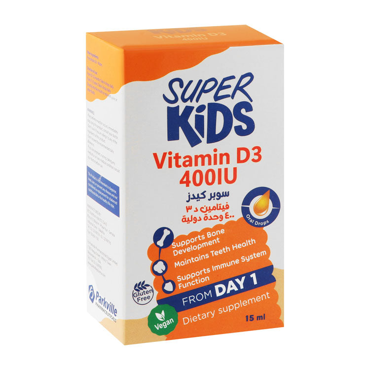 Super Kids 400 IU Vitamin D3 Bone Development, Immune System Function & Teeth Health Support Oral Supplement Drops (0-3 Years) - vegan, gluten free