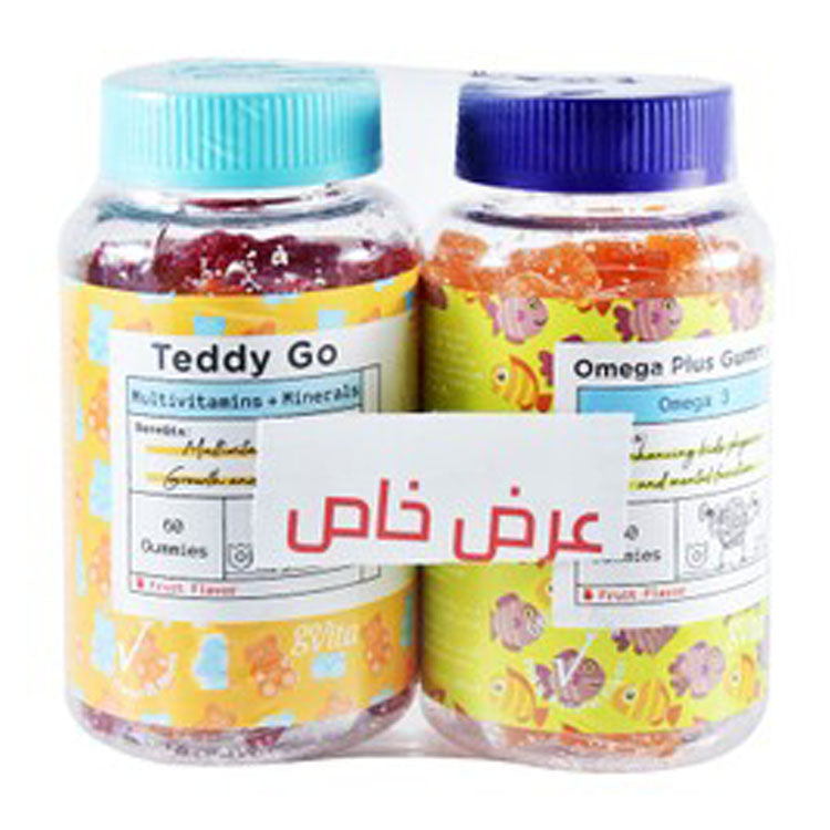 Govita Teddy Go Multivitamin & Mineral Growth & Immunity Support Gummy Supplement (60 Pieces) & Omega 3 Physical & Mental Support Gummy Supplement (60 Pieces) Fruit Flavor (4+ Years) (Special Offer) - gelatin free 2 x 60 per pack