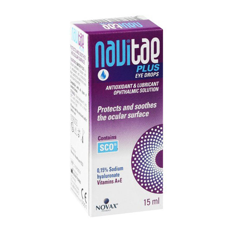 Novax Pharma Navitae Plus Sterile 0.15% Sodium Hyaluronate Lubricating & Antioxidant Eye Drops with SCO, Vitamins A & E 15 ml