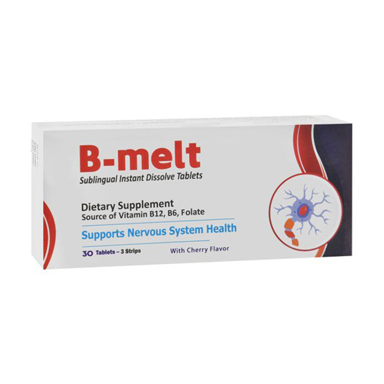 B-Melt 2mg Vitamin B6 Nervous System Support Supplement Cherry Flavor with Vitamin B12 & Folate 30 tablets
