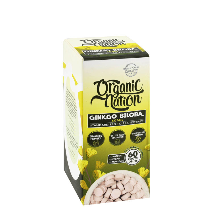 Organic Nation 60mg Ginkgo Biloba Supplement for Memory Enhancer, Blood Circulation & Brain Function Booster - vegan, GMO free