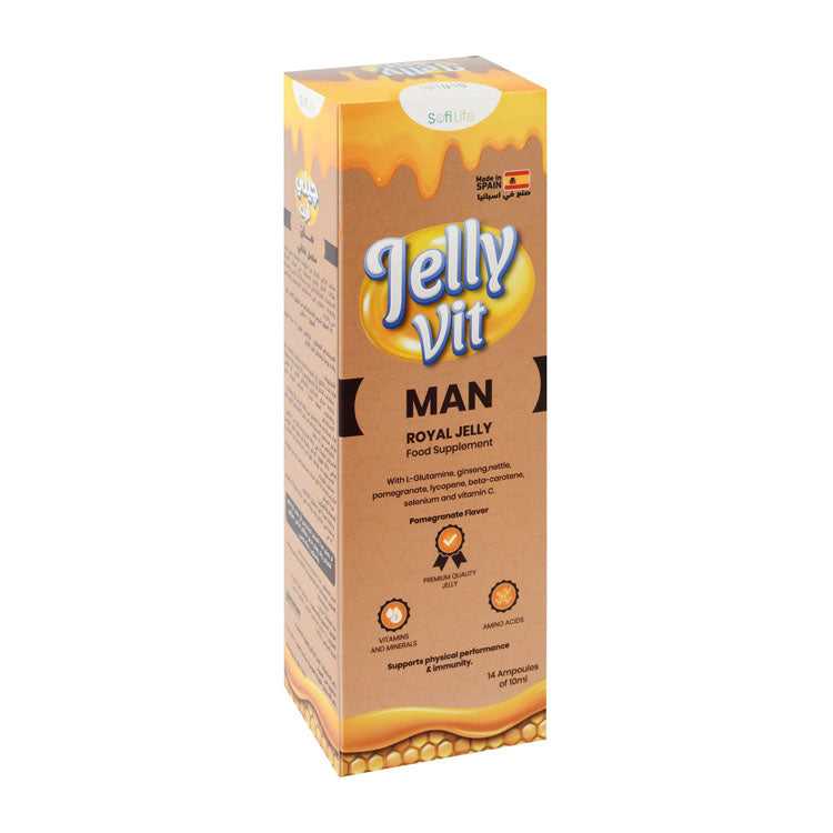 Sofi Life Jelly Vit Man 330mg Lyophilized Royal Jelly & 300mg L-glutamine Physical Performance & Immunity System Support Supplement Ampoules Pomegranate Flavor with Ginseng, Nettle & Lycopene - gluten free, dairy free