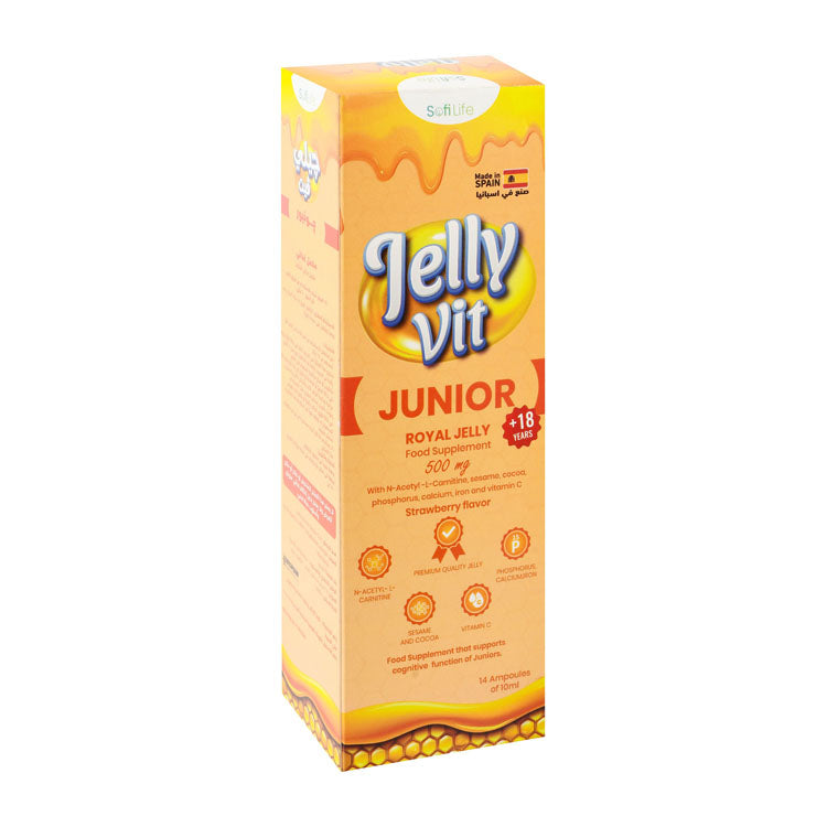 Sofi Life Jelly Vit Junior 166.67mg Lyophilized Dried Royal Jelly & 120.35mg Calcium Cognitive Function Support Supplement Ampoules Strawberry Flavor with Vitamin C, Sesame & Cocoa Extracts (18+ Years) - gluten free, dairy free