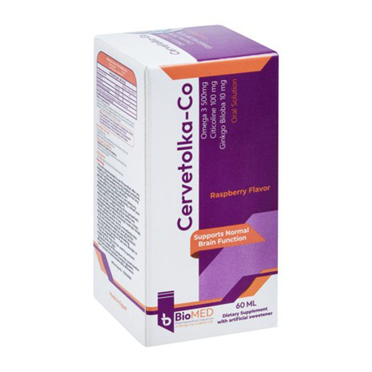 Cervetolka-Co 100mg Citicoline, 500mg Omega 3 & 10mg Ginkgo Biloba Normal Brain Function Support Oral Supplement Solution Raspberry Flavor 60 ml