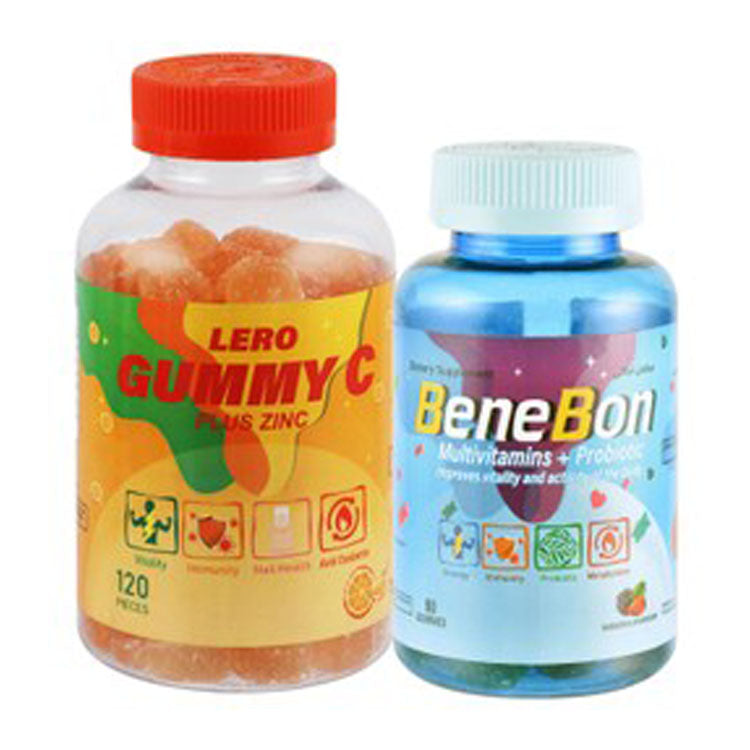 Lero 200mg Vitamin C Gummy Supplements Orange Flavor with Zinc for Vitality, Immunity & Nail Health (4+ Years) (120 Pieces) & Benebon Multivitamin Plus Probiotic Gummy Supplements Raspberry & Strawberry Flavor (60 Pieces) 1 bundle