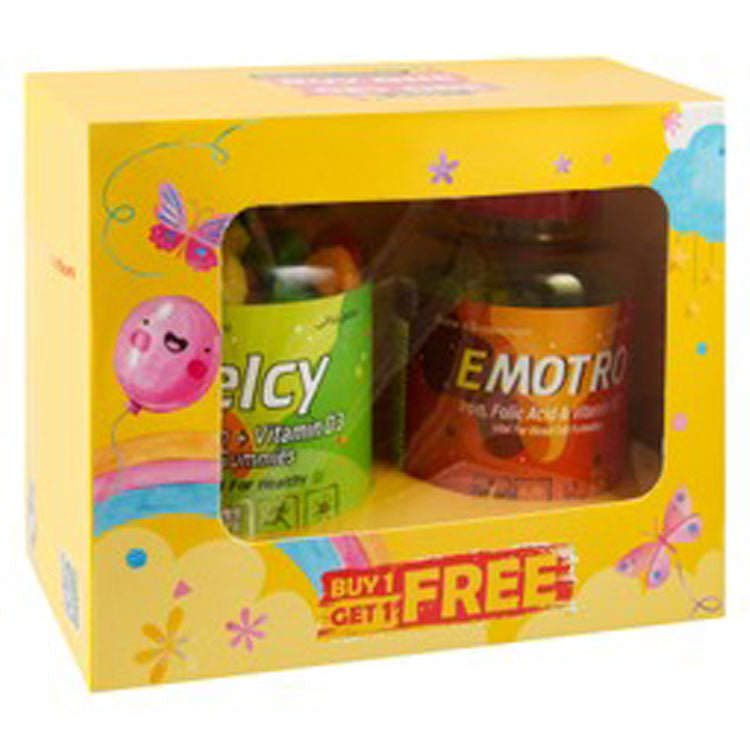 Jelcy 400mg Calcium & 25mcg Vitamin D3 Bone, Muscle & Nervous System Support Supplement Fruits Flavor (4-11 Years) (120 Gummies) & Emotro 15mg Iron Supplement with Folic Acid & Vitamin B12 for Energy, Immunity & Vitality (60 Gummies) (1+1 Free) 1 bundle
