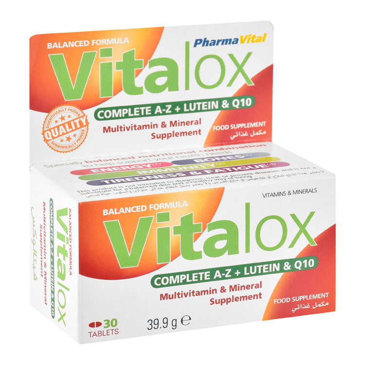Vitalox A-Z Multivitamin & Mineral Supplement with Lutein & Q10 for Energy, Immunity & Bones Health - gluten free, lactose free
